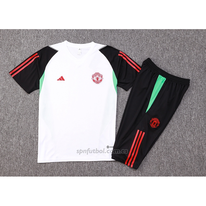 Chandal del Manchester United Manga Corta 2023-2024 Blanco y Negro - Pantalon Corto